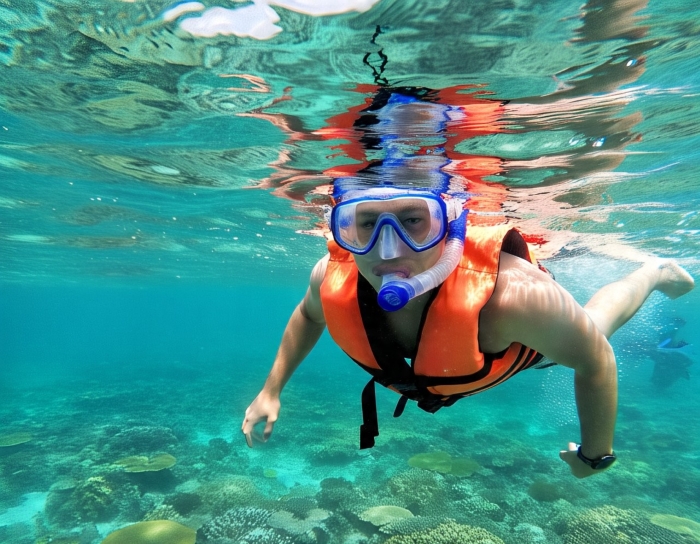 Seorang pria sedang snorkeling.