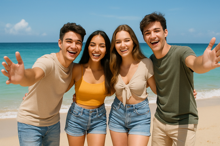 Ilustrasi anak-anak muda sedang berlibur di pantai.