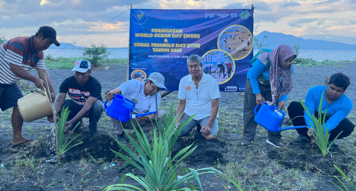 Warga pesisir didampingi penguirus BSTF dan petugas BPSPL Denpasar menanam pandan laut di Pantai Pulau Santen Banyuwangi 9 Juni 2025.