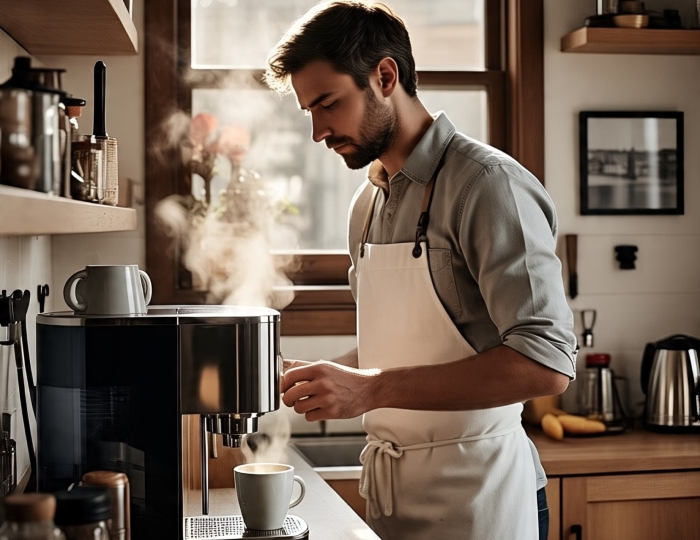 Seorang pria sedang menghirup wangi secangkir kopi.