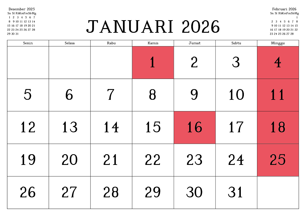 Kalender lengkap libur sekolah bulan Januari 2026 di Jawa Timur Tahun Ajaran 2025/2026.