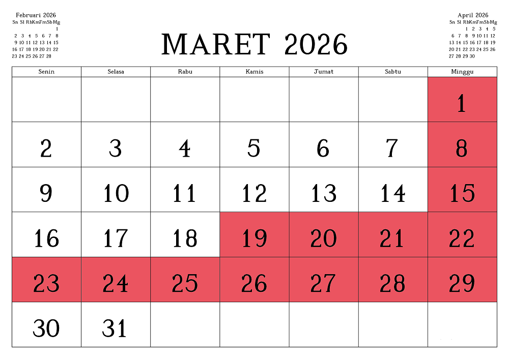 Kalender lengkap libur sekolah bulan Maret 2026 di Jawa Timur Tahun Ajaran 2025/2026.