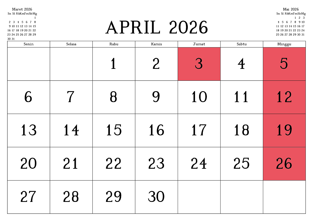 Kalender lengkap libur sekolah bulan April 2026 di Jawa Timur Tahun Ajaran 2025/2026.