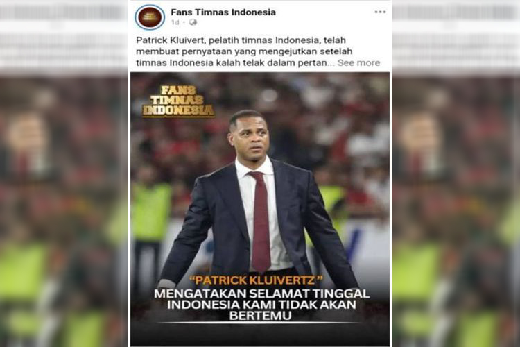 Unggahan di Facebook yang menarasikan Patrick Kluivert mengundurkan diri dari pelatih Timnas Indonesia.