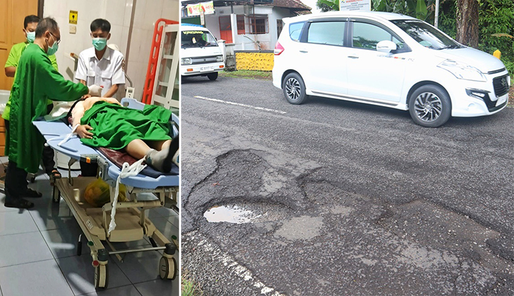 BELUM SADAR: Mutiara Anggun asal Desa Kaligondo mendapatkan perawatan di RSUD Genteng pada Rabu (10/6). Jalan berlubang depan Gedung Graha Bhakti Desa Setail Kecamatan Genteng.