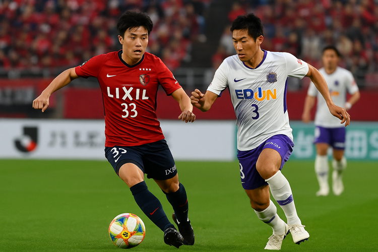 ILUSTRASI pemain Kashima Antlers berebut bola dengan pemain Sanfrecce Hiroshima di Stadion Sepak Bola Kashima dalam laga lanjutan J1 League 2025.
