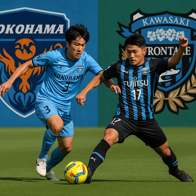 Ilustrasi pemain Yokohama FC berebut bola dengan pemain Kawasaki Frontale di Stadion NHK Spring Mitsuzawa.