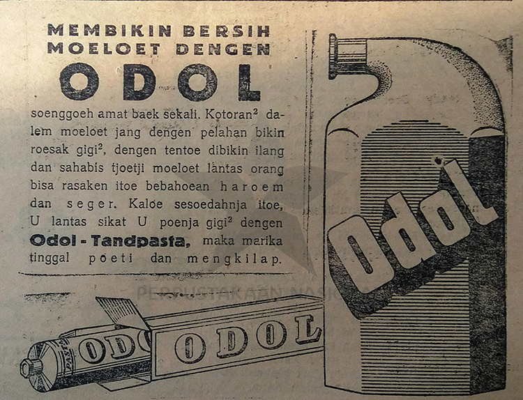 Odol, merk pasta gigi yang populer pada masanya. Sumber: Pewarta Soerabaia, 12 Juli 1930. Koleksi Surat Kabar Langka Perpusnas RI.