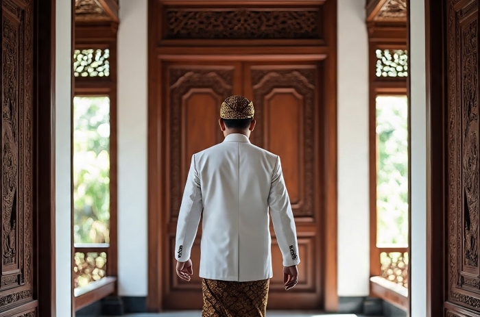 Seorang pria sedang berjalan di lorong kerajaan.