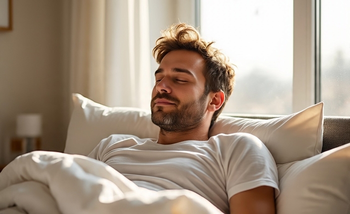 Seorang pria bangun tidur.