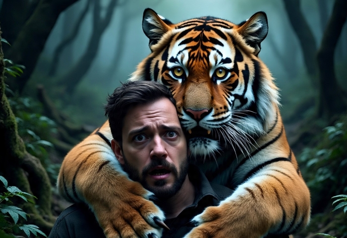 Seorang pria sedang di kuasai oleh sosok harimau.