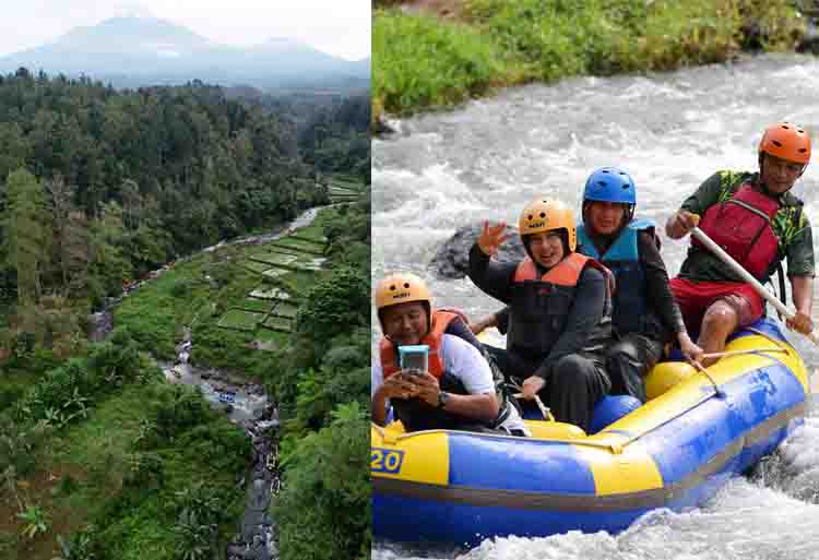 MEMACU ADRENALIN: Bupati Ipuk Fiestiandani menikmati wisata arung jeram di Sungai Badeng, Desa Desa Sumberbulu, Songgon, Jumat pagi (20/6).