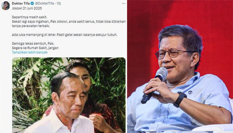 Tangkapan layar cuitan Dokter Tifa soal kondisi wajah Jokowi. Sedangkan Rocky Gerung sebut Jokowi alami psikosomatik.