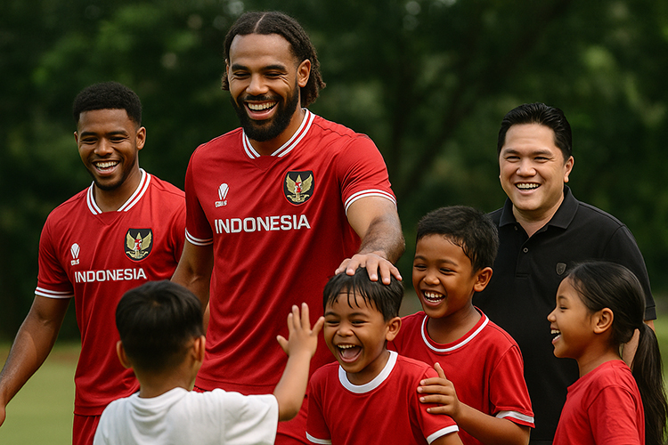 ILUSTRASI Ian Maatsen dan Jairo Riedewald bercengkrama dengan anak-anak Indonesia.