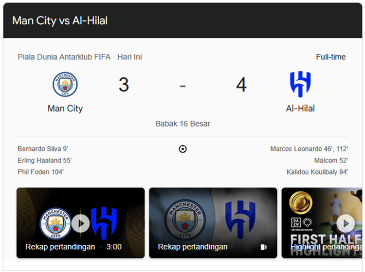 Skor akhir Al Hilal vs City di babak 16 besar Piala Dunia Antarklub 2025.