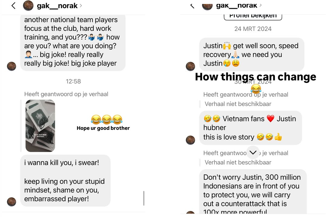 Justin Hubner membagikan isi percakapan Instagram yang memberikan nada ancaman pembunuhan.