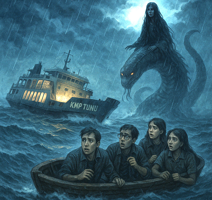 ILUSTRASI Cerpen misteri kisah Toni, Tono, Tina, Tini, dan KMP Tunu.