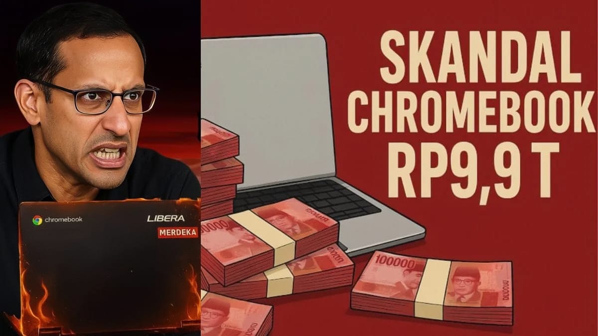 Ilustrasi Chromebook dengan latar jumlah uang yang terkorupsi, mewakili produk digital yang dipaksakan tanpa kesiapan.