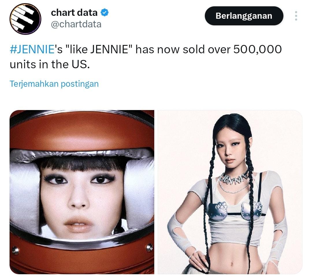 Berasal dari X @chartdata, lagu rilisan Jennie BLACKPINK single Like JENNIE terjual lebih dari 500 ribu unit di US.