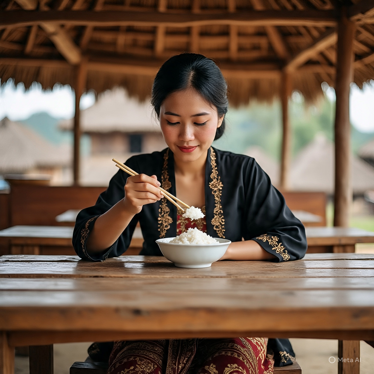 Seorang wanita Jawa sedang memakan nasi putih tanpa lauk.