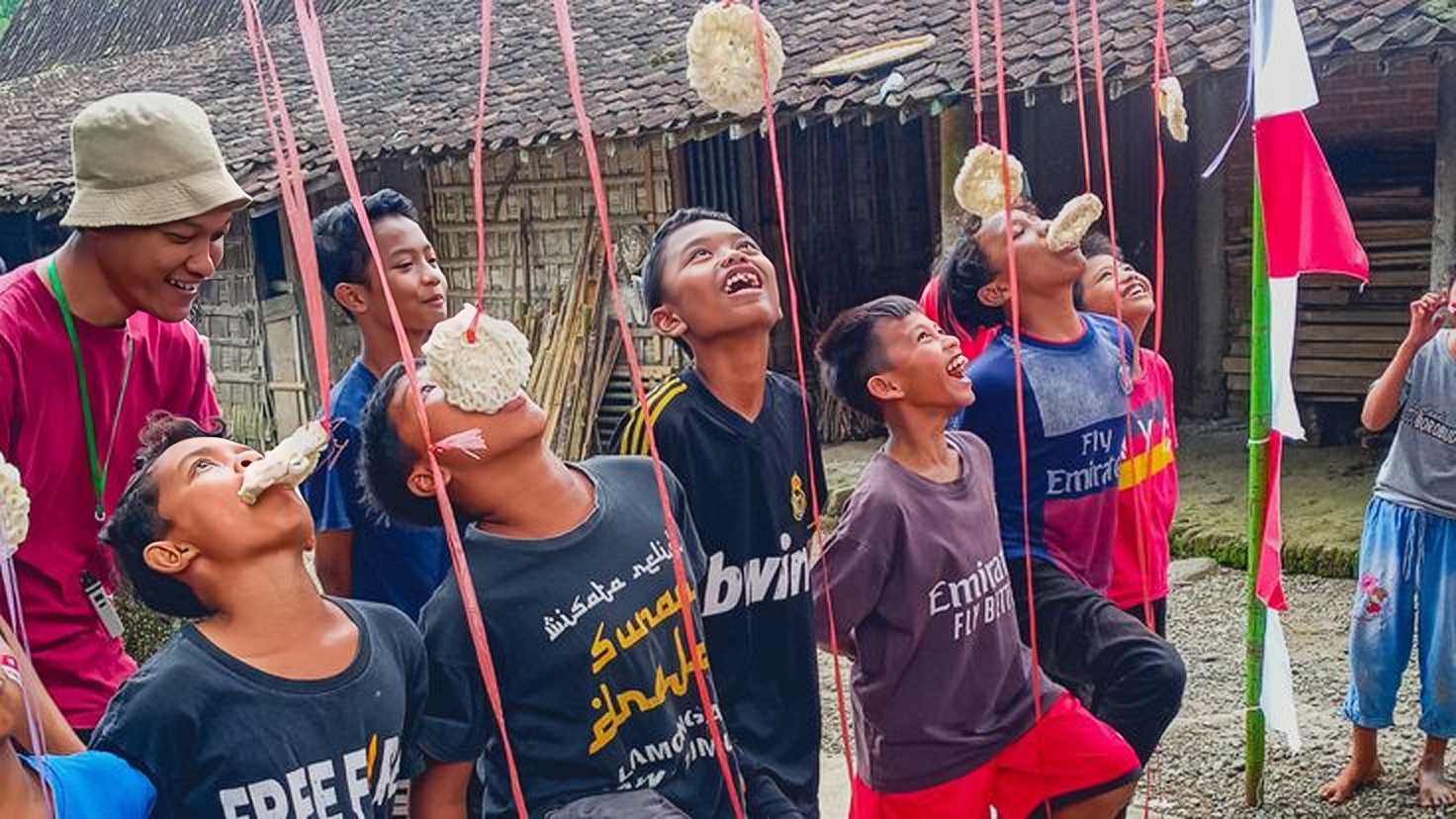 Anak-anak mengikuti lomba makan kerupuk pada perayaan 17 Agustus di tahun 1990-an. Tradisi ini menjadi ikon perayaan kemerdekaan di kampung-kampung.