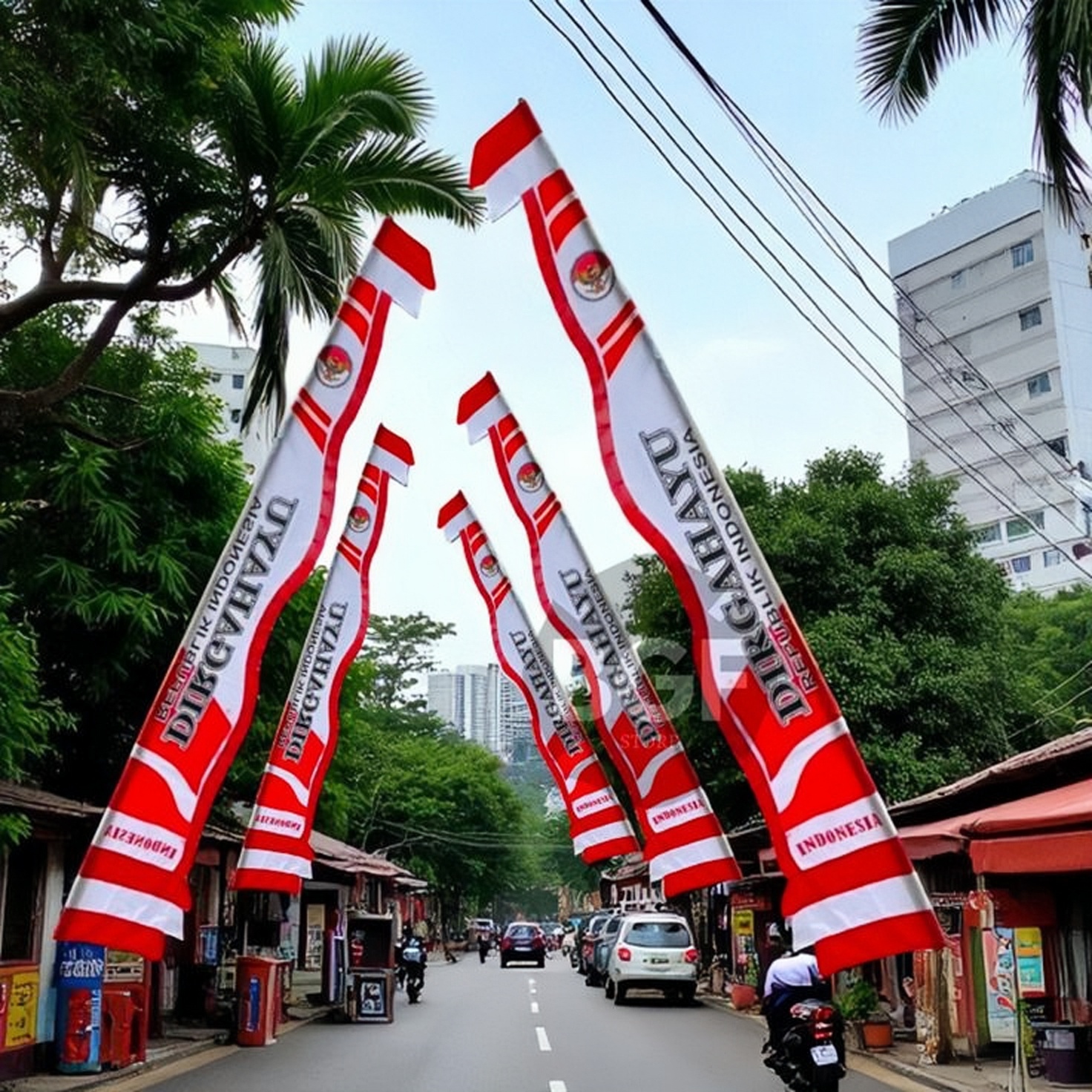 Ujung jalan dipenuhi umbul‑umbul merah putih yang dipasang sepanjang Agustus, menambah semaraknya suasana perayaan kemerdekaan.