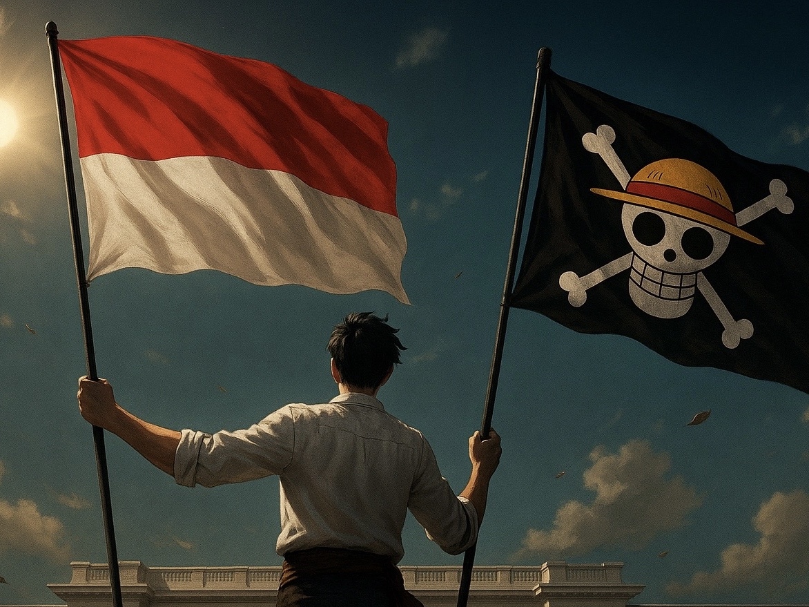Ilustrasi seorang pria mengibarkan bendera merah putih bersama bendera one piece
