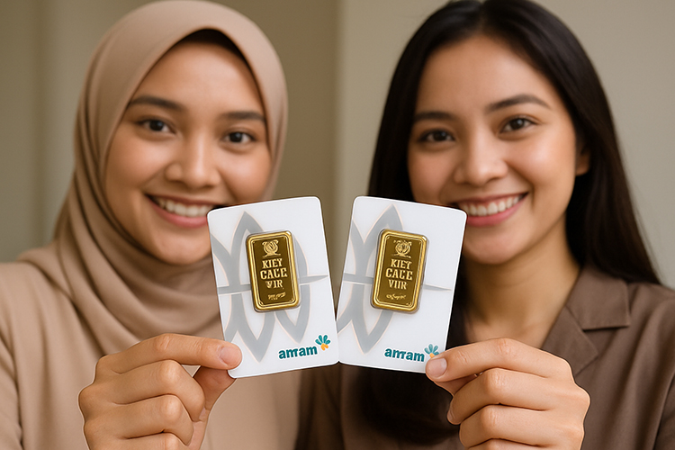 Ilustrasi dua wanita membeli emas batangan untuk investasi masa depan.