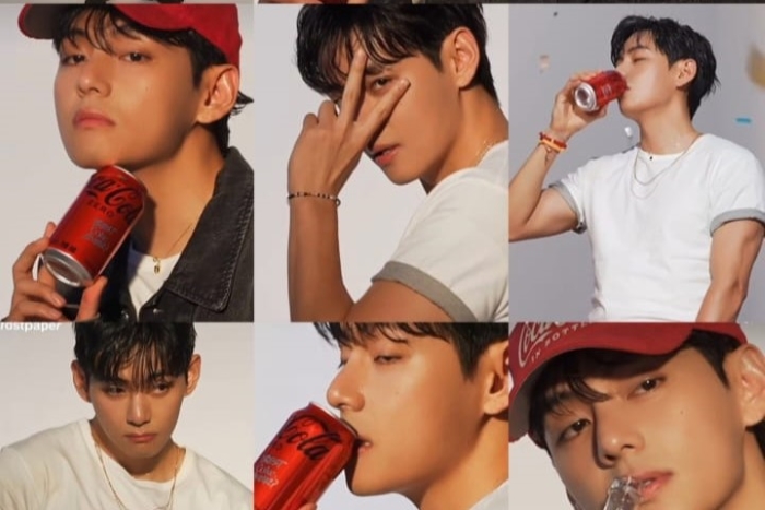 Potret Kim Taehyung BTS saat pengambilan gambar iklan dengan Coca Cola.