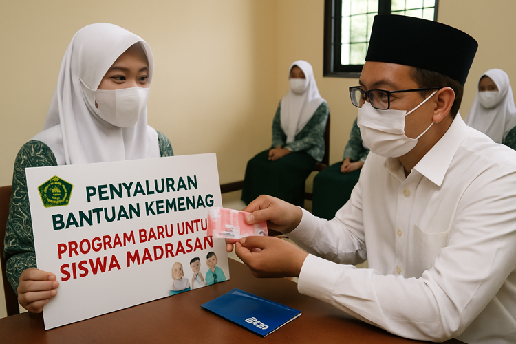 ILUSTRASI siswa madrasah menerima bantuan sosial dari Kemenag RI.