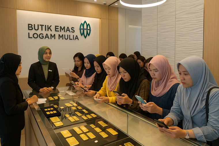 ILUSTRASI perempuan muda memburu emas untuk investasi.