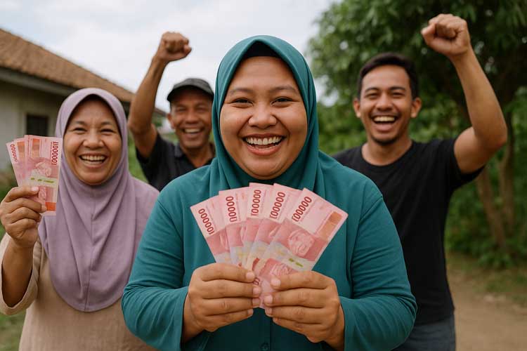 ILUSTRASI warga bergembira usai menerima bansos dari pemerintah.