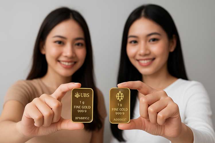 ILUSTRASI dua wanita muda memperlihatkan emas batangan UBS dan Antam.