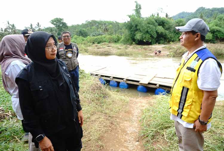 Bupati Ipuk Fiestiandani didampingi Kabid Bina Marga Dinas PU CKPP Ebta Adharisandi meninjau lokasi jembatan yang hanyut diterjang banjir pada Desember 2024.
