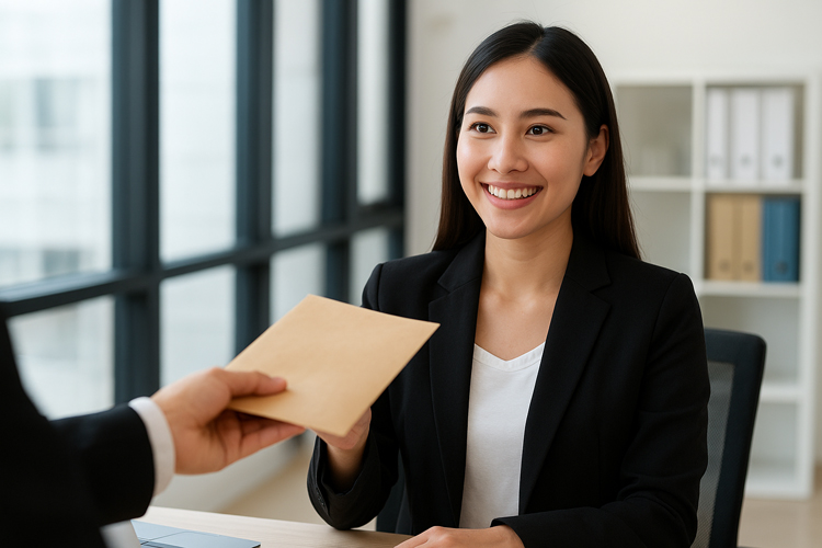 ILUSTRASI karyawan menerima rapelan gaji dari perusahaan.