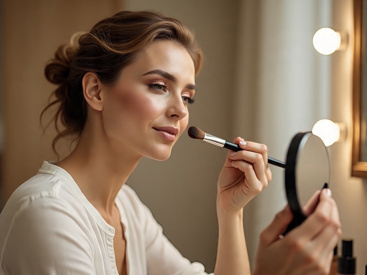 Seorang wanita bercermin sambil bermake up