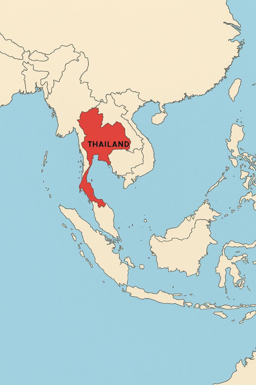 Ilustrasi peta Asia Tenggara yang menyorot Thailand sebagai satu-satunya negara yang tidak pernah dijajah bangsa Barat.