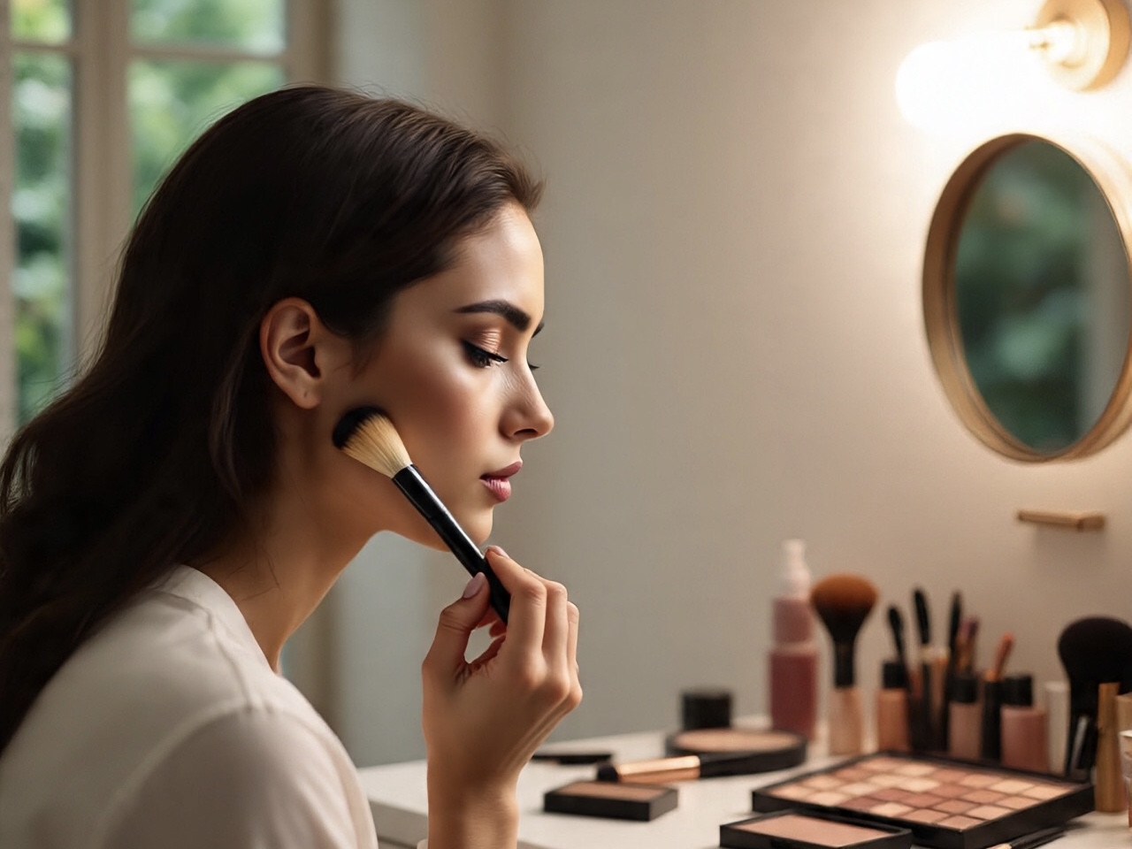 Seorang wanita menggunakan brush make up di atas wajah