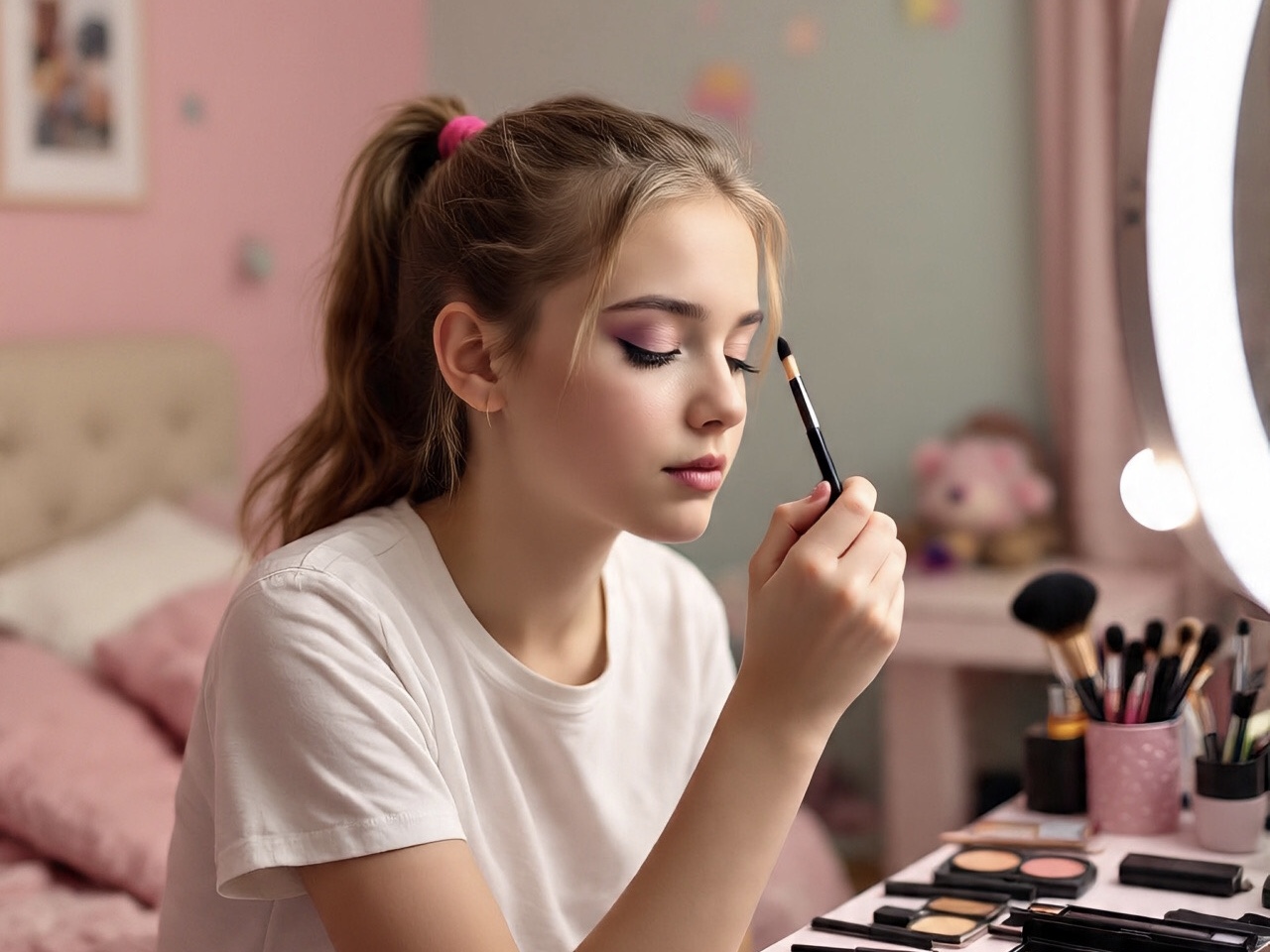 Seorang remaja tengah bermake up di ruangannya