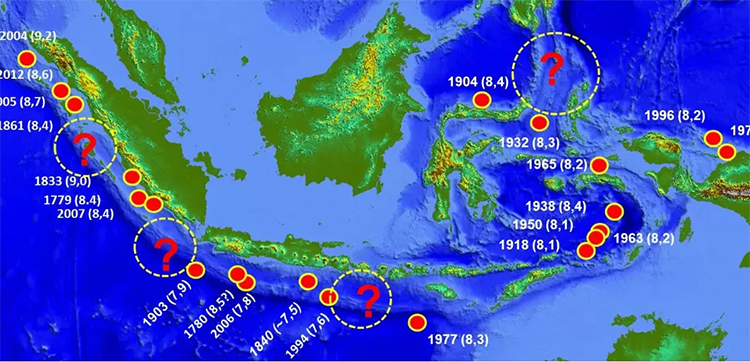 Peta potensi gempa Megathrust di sejumlah wilayah di Indonesia.