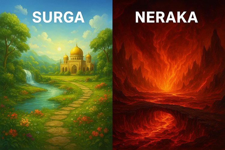 ILUSTRASI surga dan neraka.