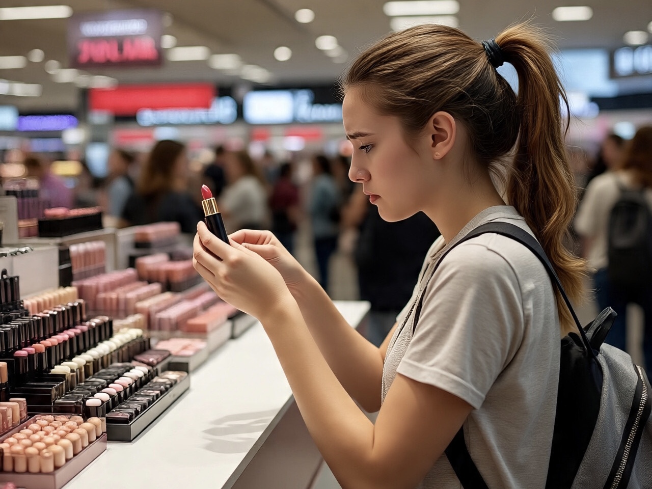 Seorang wanita terlihat bingung saat hendak membeli produk kosmetik