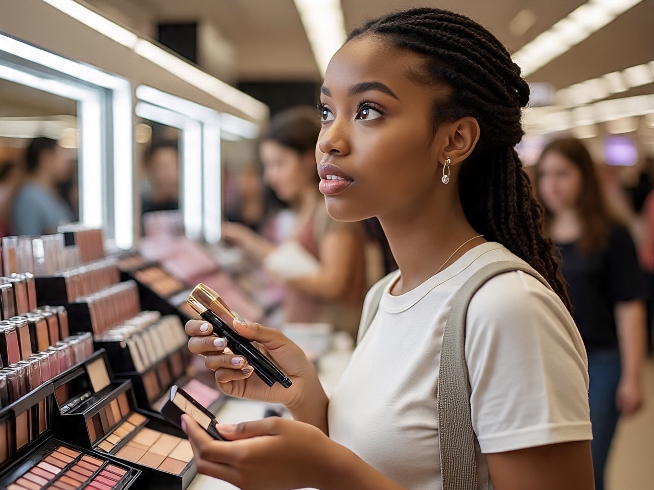 Seorang wanita tengah membeli produk make up di pusat perbelanjaan