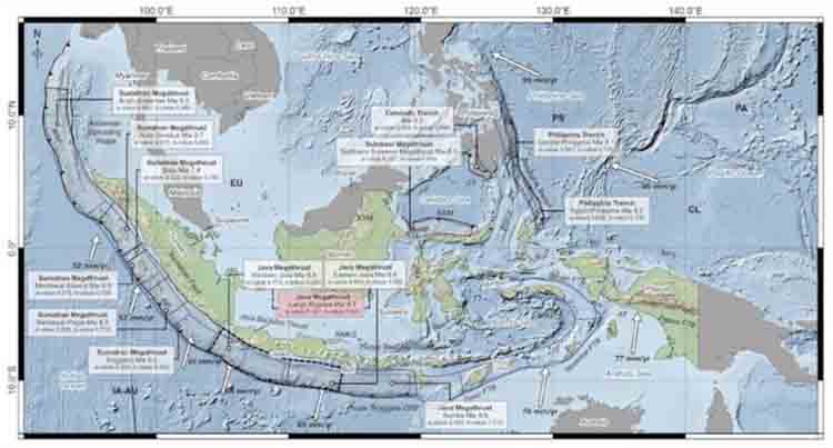Peta sebaran Megathrust di Indonesia dan sekitarnya.