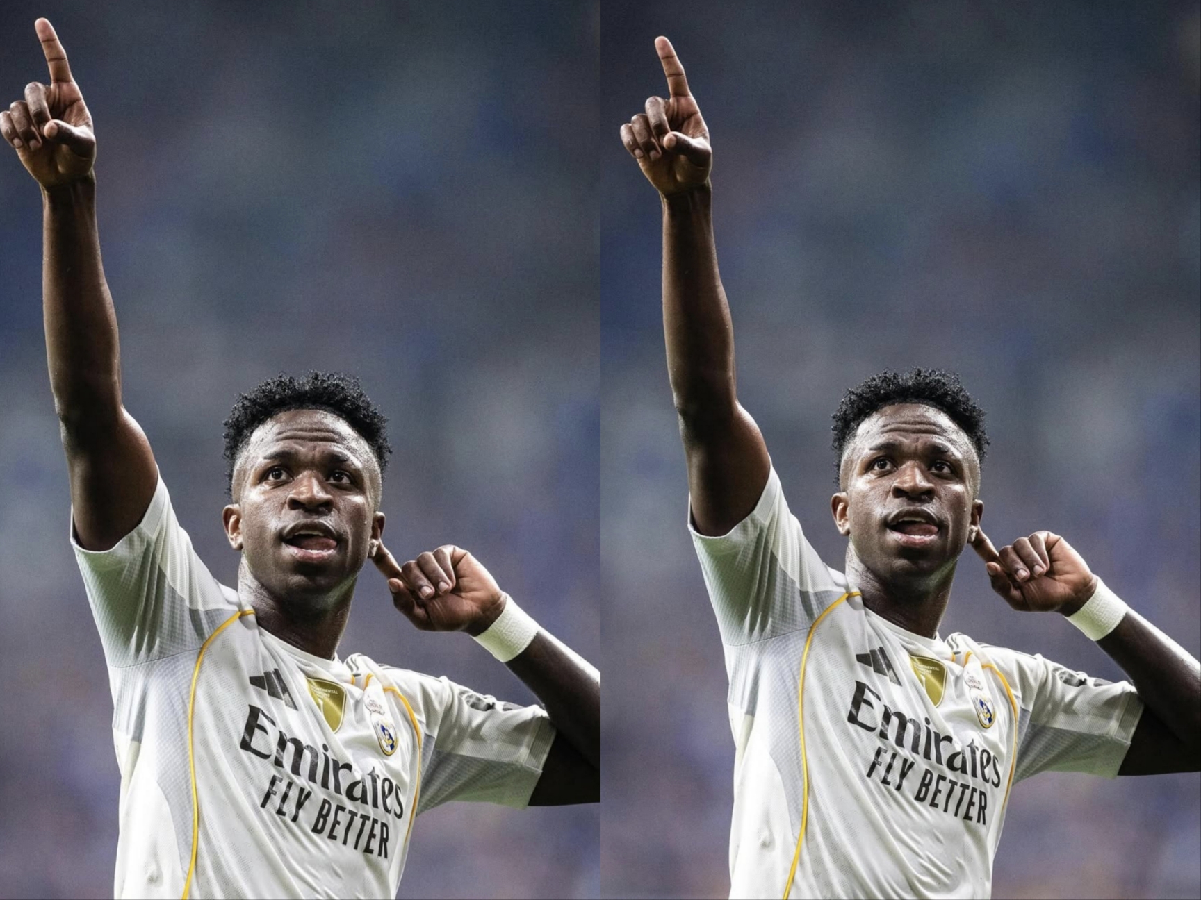 Vinicius Junior berselebrasi usai mencetak gol.