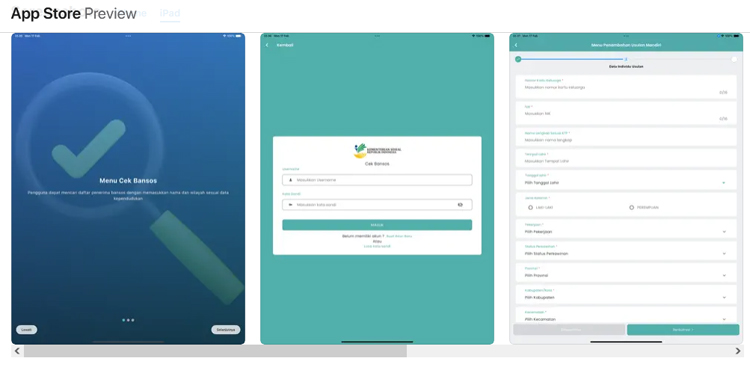 Tampilan aplikasi cek bansos Kemensos via IOS. Aplikasi ini bisa cek penerima, usulan, dan sanggahan terkait bansos.