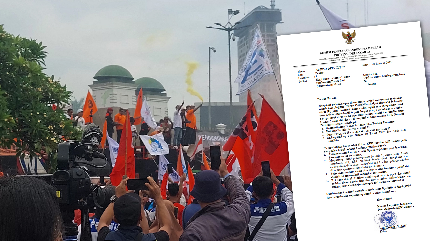 Ribuan buruh menggelar aksi di depan Gedung DPR/MPR RI, Kamis (28/8). Insert: surat edaran KPID Jakarta.