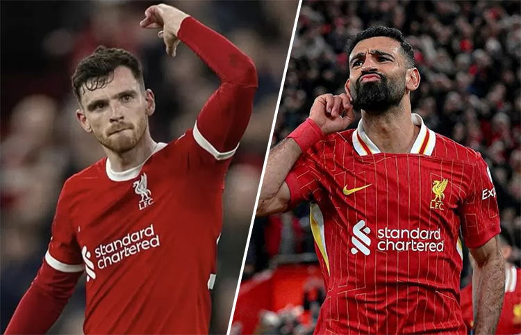 Pemain Liverpool Mohamed Salah dan Andy Robertson.