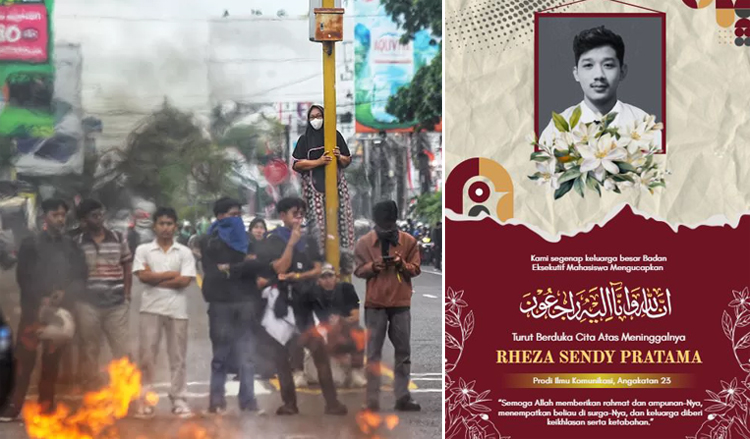 Seorang ibu mengamati aksi ratusan mahasiswa Aliansi Kalijaga yang memblokir simpang tiga UIN Sunan Kalijaga, Sabtu (30/8). Insert: Ucapan duka untuk mahasiswa yang meninggal dunia saat ikut demo.