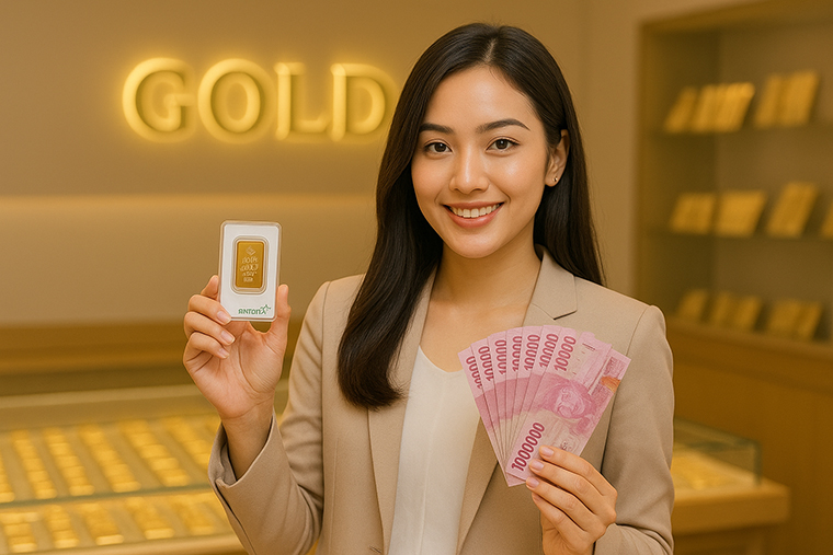 ILUSTRASI wanita muda berburu emas batangan untuk investasi.